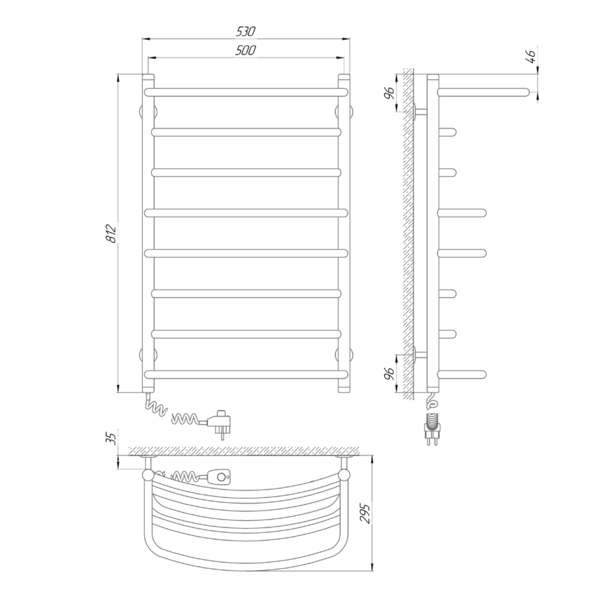 Схема Электрический полотенцесушитель Laris Евромикс П8 500х800 Э с полкой (подключение слева)
